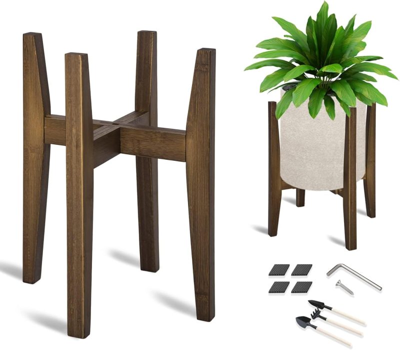 Adjustable Plant Stand, Bamboo Mid Century Modern Indoor Plants Stands, Corner Flower Holder for Living Room, Fits 8 to 12 Inches Pots, (Pot & Plant Not Included)(Walnut, 1 Pack)
