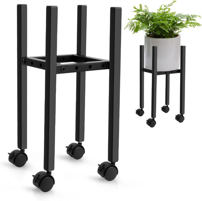 Adjustable Plant Stand with Wheels - Indoor/Outdoor Metal Corner Flower Pot Holder for 8-12 Inch Pots, Modern Home Decor for Living Room, Ideal Gardening Gift
