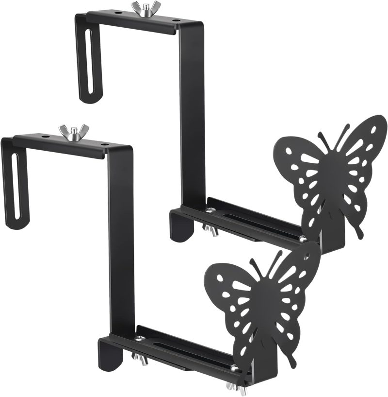 Planter Box Bracket, Adjustable Hang Window Box Holder with Butterfly, Hanging Flower Pot Stand Brackets for Outdoor Patio Garden Fence Pergola Balcony Supporting Heavy Planters-2Pack