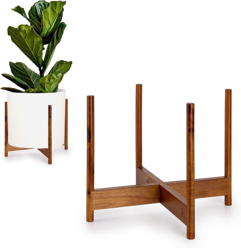 Mid Century Plant Stand — 14.9 Inch Fixed Size Wooden Plant Stand for Indoor Planters (Not Included); Extra Large Flower Pot Holder for Indoor Big Pots; Plug In Design - Acacia