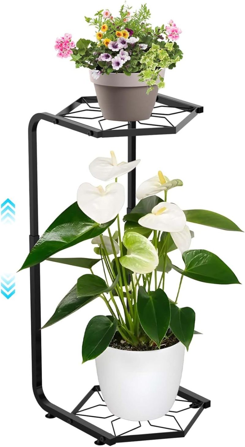 Plant Stand Indoor-2 Tier Adjustable Tall Plant Stand Flower Pot Holder Metal Plant Rack Lightweight Duty Rustproof for Garden Corner Patio Lawn Balcony Office Living Room