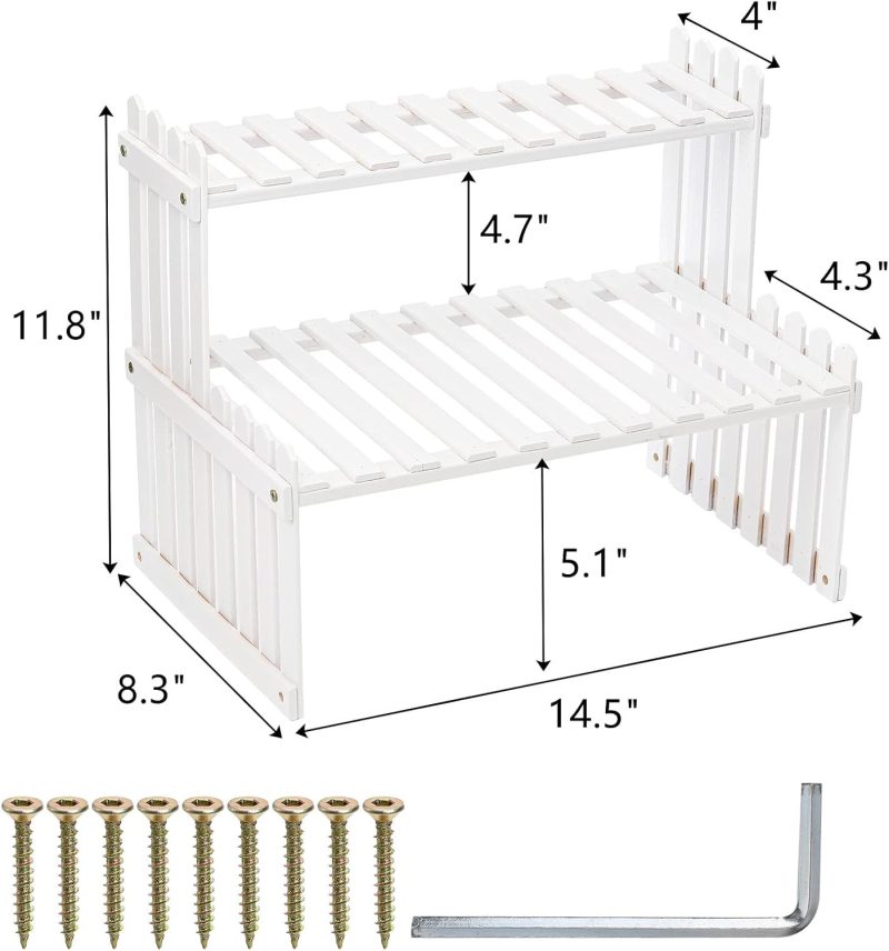 2 Tier Desktop Plant Stand, 14.5 Inch Bamboo Plant Shelf Display Rack, Small Flower Pot Display Stand for Indoor Outdoor, Adjustable Height Office Supplies Organizer, Balcony Planter Holder - Image 2