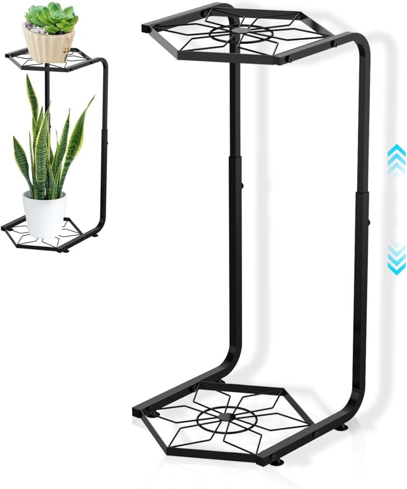 Black Plant Stand Indoor Outdoor, 2 Tier Plant Stands Adjustable 21.3'' 24.8'' 28.3'', Metal Tall Plant Shelf, Corner Hexagonal Flower Pot Stand for Garden Patio Balcony Living Room