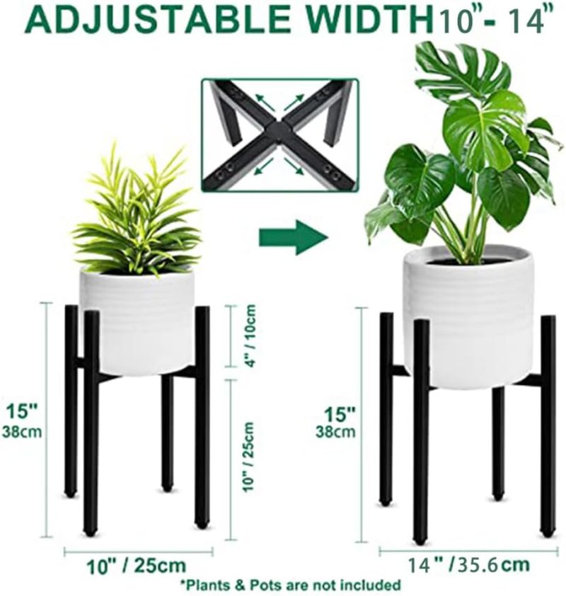 Plant Stand,Adjustable flower pot stand，Mid Century Modern Tall Flower Stand for Indoor,Metal Flower Potted Holder Indoor，Fit 10-14 Inch Pots, Black(Plant Not Included) - Image 2