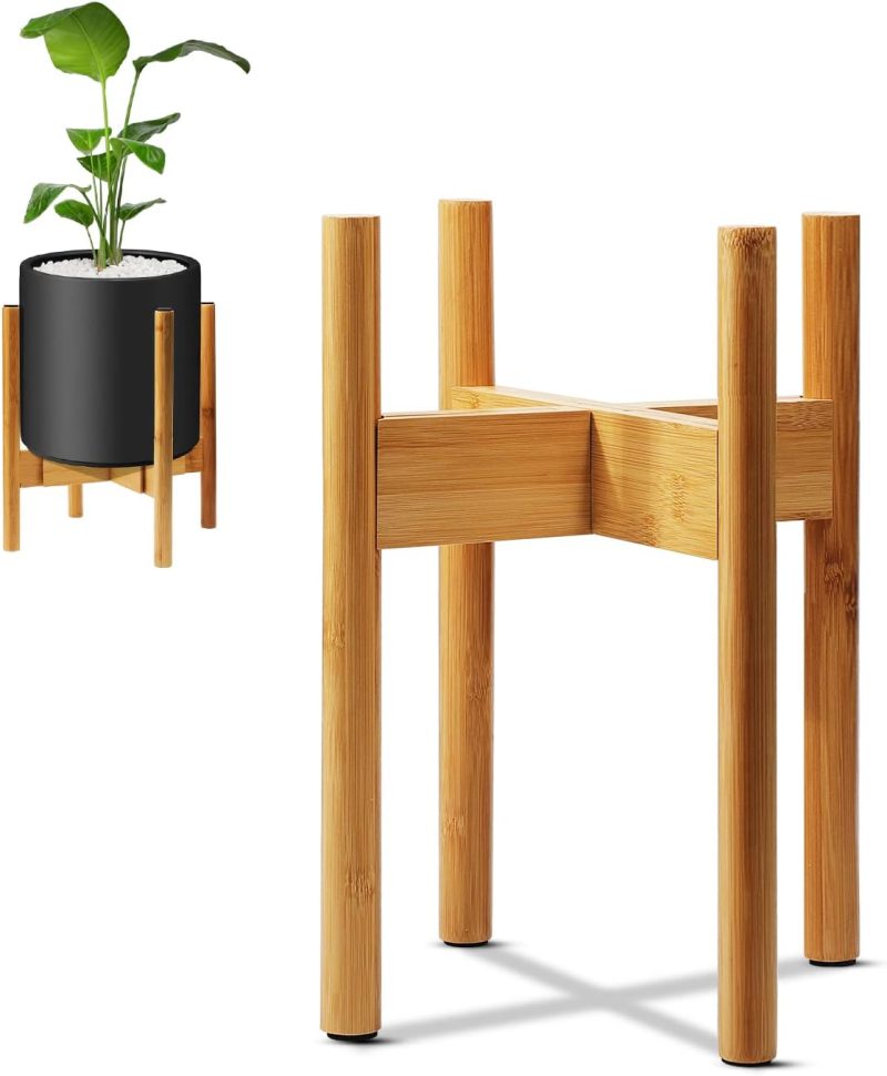 Plant Stand Indoor - Adjustable Mid Century Plant Holder for Width 8" to 12" Planter Pots, Modern Flower Stand Outdoor for Living Room Corner, Balcony & Garden (Bamboo)