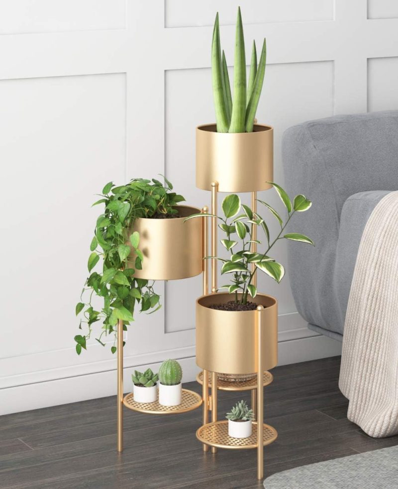 Metal Plant Stand, 6 Tier 6 Potted Indoor Gold Flower Pot Stand Holder Shelf, Foldable Decorative Display Rack for Multiple Potted Plants, Patio Garden, Living Room, Corner Balcony & Bedroom