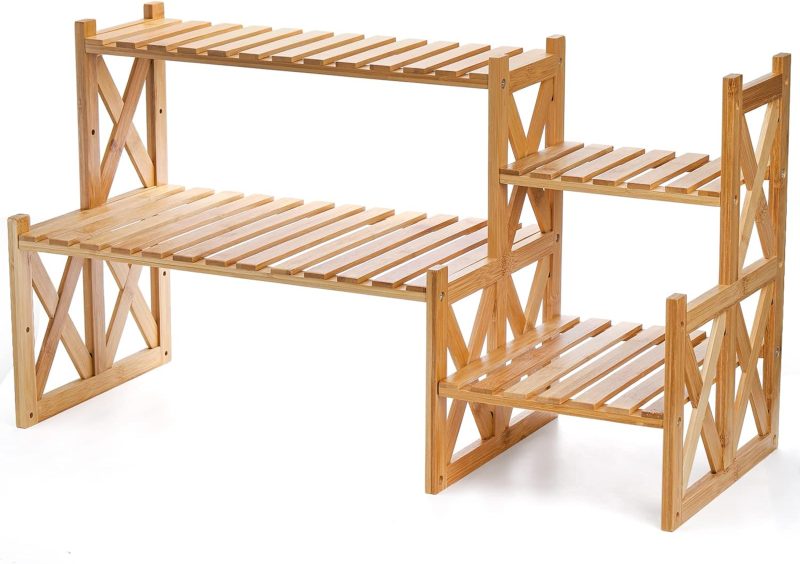 2 Tier Bamboo Tabletop Plant Stand, Adjustable Flower Pot Holder Shelf Planter Display Stand, Small Desktop Ladder Plant Rack for Indoor Outdoor Home Patio Lawn Garden Balcony Organizer