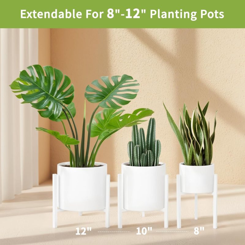 Plant Stand Indoor Adjustable,Metal Plant Pot Flower Holder Indoor Outdoor Corner,Mid Century Modern Plant Holder, Fit 8 10 12 inch Pots, White (Pot & Plant Not Included) - Image 2