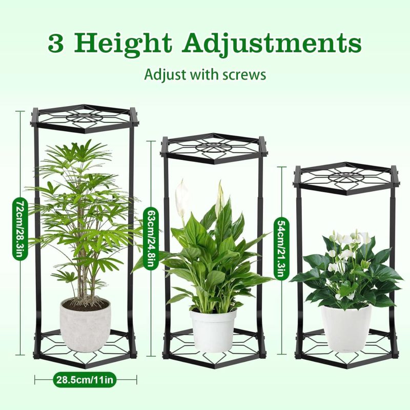 Black Plant Stand Indoor Outdoor, 2 Tier Plant Stands Adjustable 21.3'' 24.8'' 28.3'', Metal Tall Plant Shelf, Corner Hexagonal Flower Pot Stand for Garden Patio Balcony Living Room - Image 2