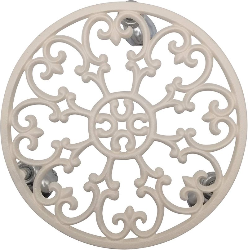 Rustic Style Collection Cast Iron Plant Trolley Flowerpot Holder, with Heavy Duty Super Strong Industrial Strength Iron Wheels, White