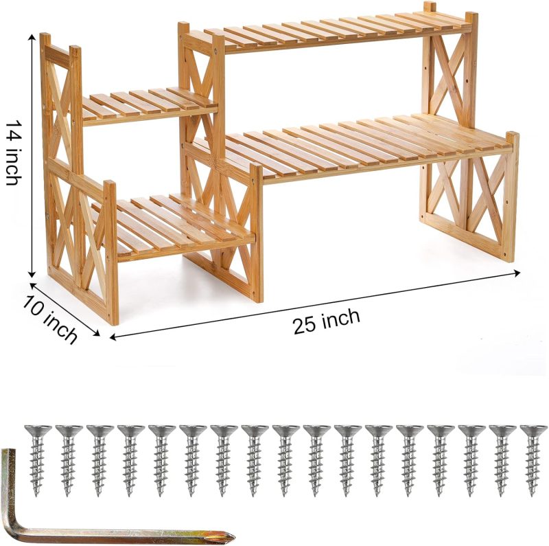 2 Tier Bamboo Tabletop Plant Stand, Adjustable Flower Pot Holder Shelf Planter Display Stand, Small Desktop Ladder Plant Rack for Indoor Outdoor Home Patio Lawn Garden Balcony Organizer - Image 2