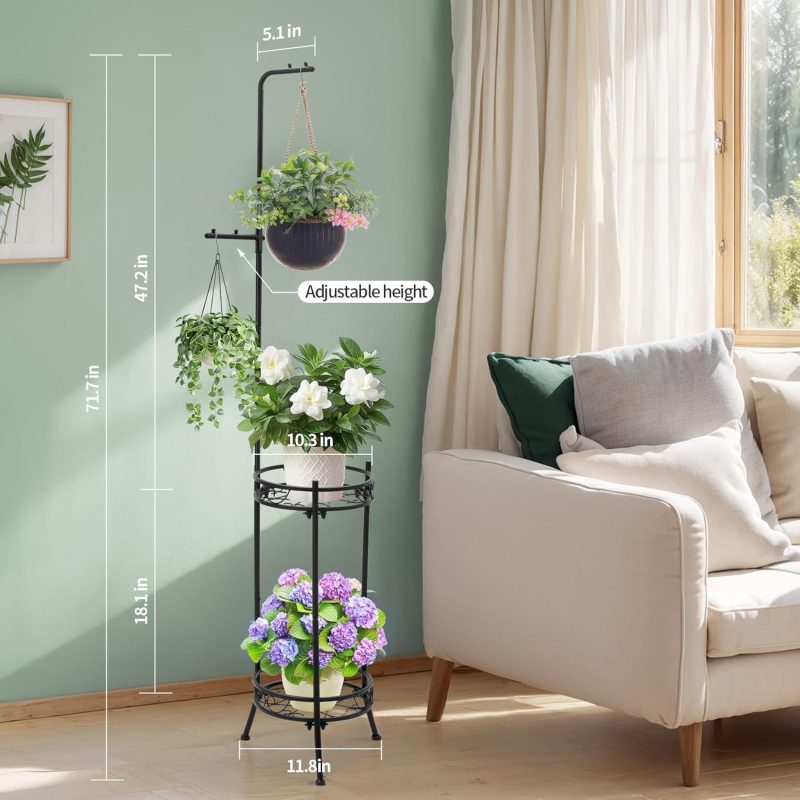 Adjustable Metal 4 Potted Flower Pot Plant Stands - 2 Tier 72 inch Tall Indoor Outdoor Heavy Duty Plant Shelf with Hangers - Perfect for Living Room Corner and Patio (White) - Image 2