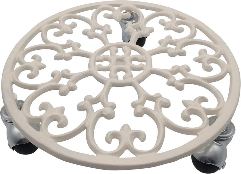 Rustic Style Collection Cast Iron Plant Trolley Flowerpot Holder, with Heavy Duty Super Strong Industrial Strength Iron Wheels, White - Image 2