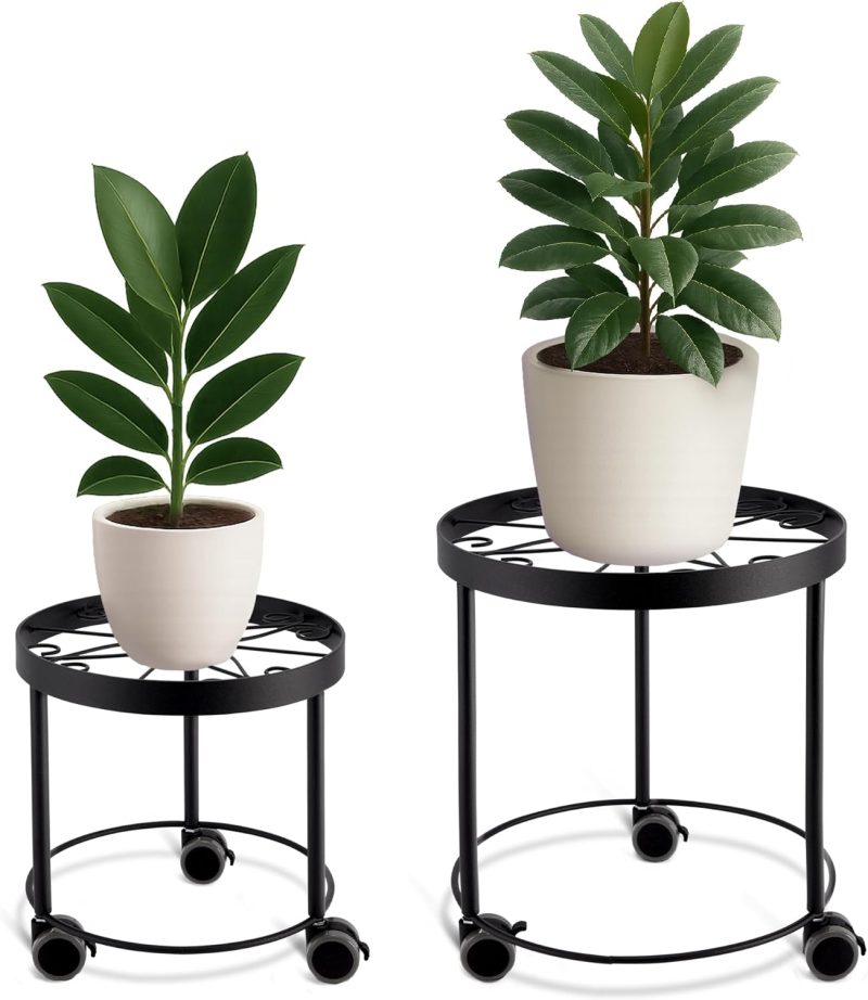 Indoor Plant Stand with Wheels, (2 Sizes) Metal Rolling Flower Pot Risers for Potted Plants (12" & 10" Diameter)