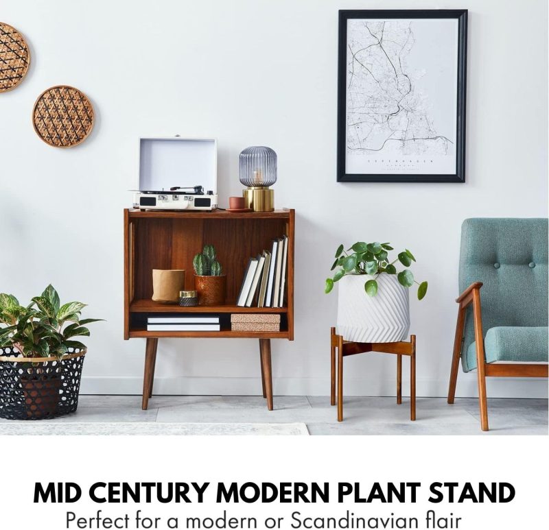 Mid Century Plant Stand — 14.9 Inch Fixed Size Wooden Plant Stand for Indoor Planters (Not Included); Extra Large Flower Pot Holder for Indoor Big Pots; Plug In Design - Acacia - Image 2