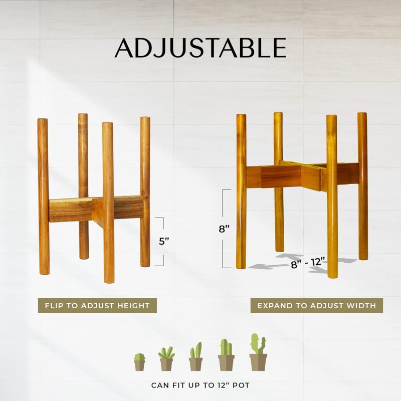 Acacia Hardwood Adjustable Plant Stand Indoor, Planter Stand Pot, Mid Century Modern Planter Holder for Indoor Plants, Outdoor Pedestal fits 8 9 10 11 12 Inches Pots, Wooden Pedestal Only - Image 2
