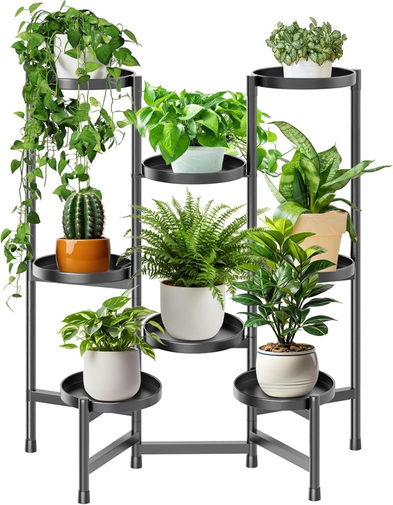 5 Tier Plant Stand Indoor Tall, Adjustable Black Plant Shelf for Multiple 8 Potted Flower Plants Holders, Corner Metal Flower Display Rack for Patio Garden Balcony Living Room Office