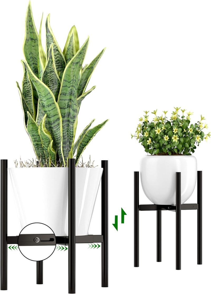 Adjustable Plant Pot Stand: Indoor Outdoor Modern Flower Holder Metal Plant Rack Organizer Planter Stand for Garden Patio Corner Bathroom Living Room Balcony Home Office (Black)