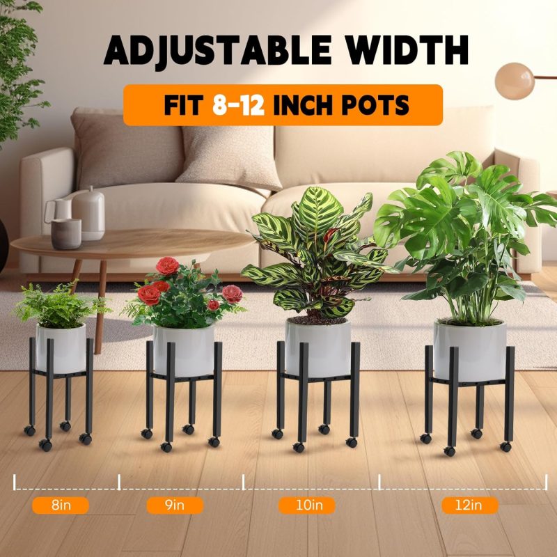 Adjustable Plant Stand with Wheels - Indoor/Outdoor Metal Corner Flower Pot Holder for 8-12 Inch Pots, Modern Home Decor for Living Room, Ideal Gardening Gift - Image 2