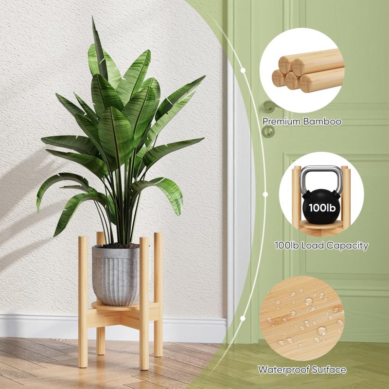 2 Pack Adjustable Plant Stand, Bamboo Plant Stand Indoor with Tray, Wood Plant Stand for 8 to 12 inches Flower Pots, Single Mid Century Modern Plant Stand for Indoor Plants, Natural - Image 2