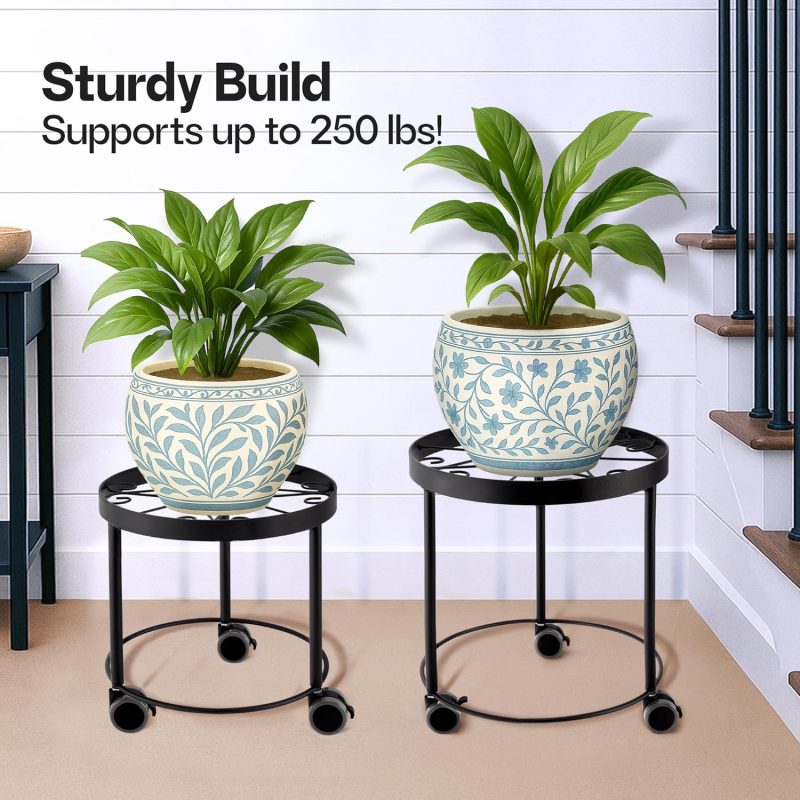 Indoor Plant Stand with Wheels, (2 Sizes) Metal Rolling Flower Pot Risers for Potted Plants (12" & 10" Diameter) - Image 2